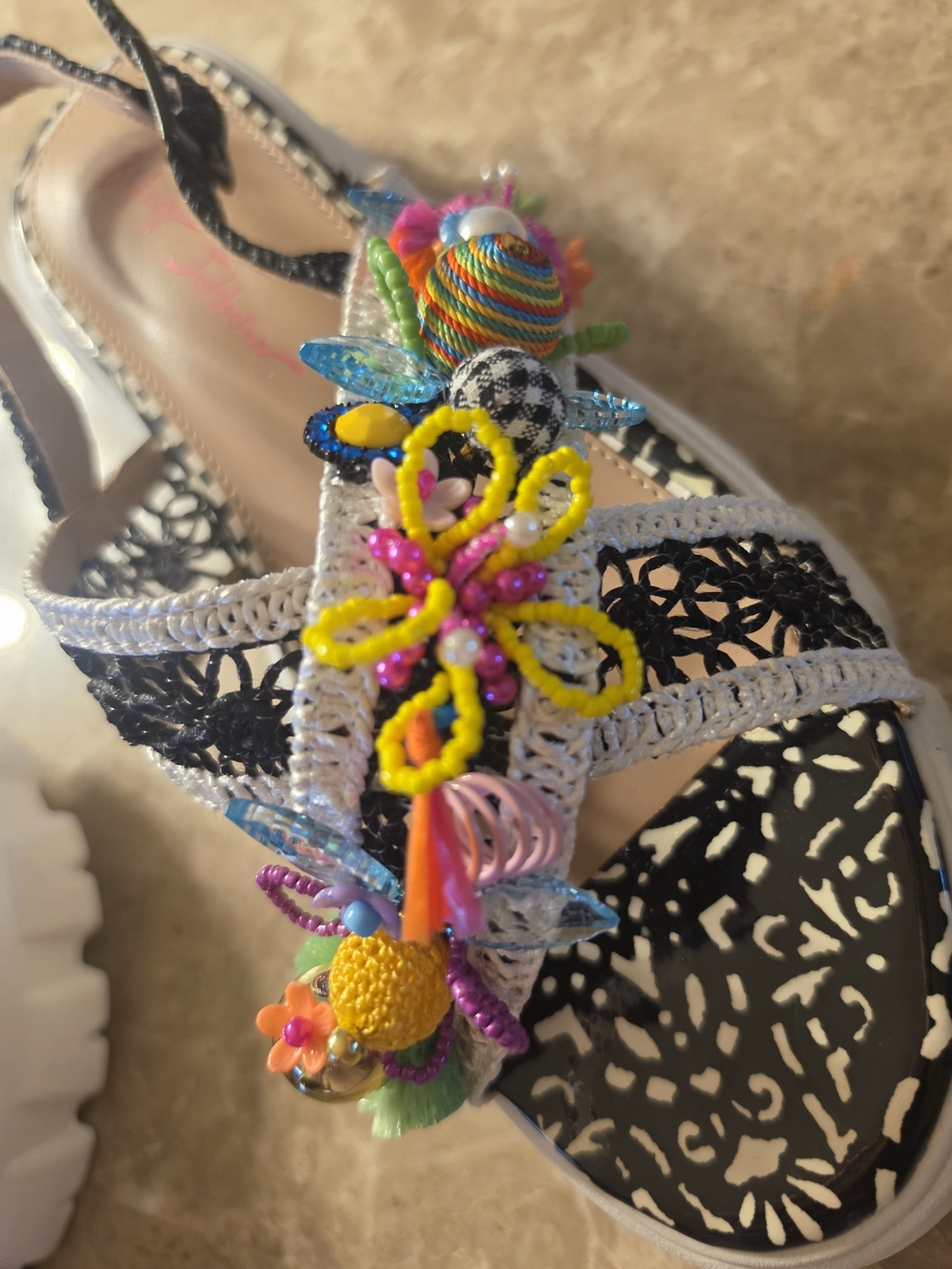 Betsey Johnson Black & White Crochet Platform Sandals with Colorful Bead Accents - Picture 5 of 8